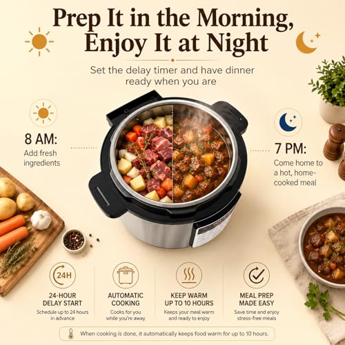 Image of Fullwill 8QT Electric Pressure Cooker, 12-in-1, Ceramic Nonstick Pot, Saute, 1200W Fast Cook, Slow Cook, Steam, Yogurt, Rice Cooker, for Family Meals, 1200W,Silver