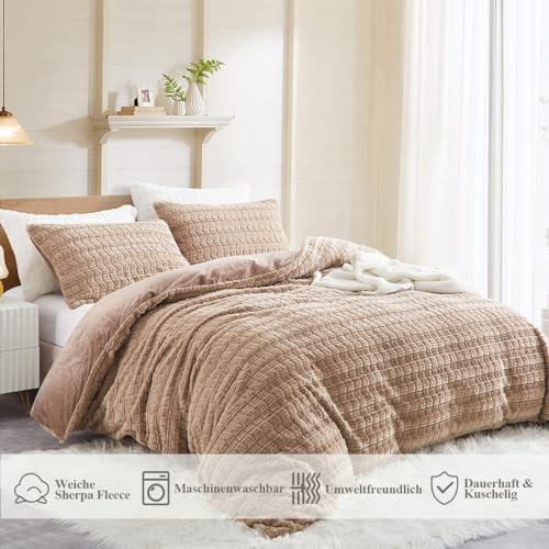 Lanqinglv Plush Bed Linen 135 x 200 cm Faux Fur Khaki Fluffy Winter Bed Linen Warm Cosy Flannel Fleece Cashmere Touch Flannelette Duvet Cover with Zip and 1 Pillowcase 80 x 80 cm - Image 3