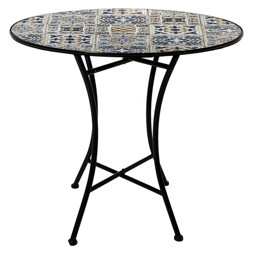 Tavolo rotondo in ferro battuto con piano in ceramica decorazione mosaico diametro 90 cm per giardino o interno stabile per esterni terrazza balcone