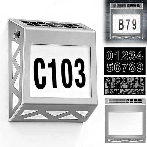Lampada a energia solare, numero civico illuminato, numero civico solare, numero civico con numeri e lettere, illuminazione a LED in acciaio inox, riconoscimento automatico giorno e notte per esterni