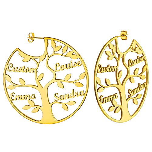 Custom4U Name Hoop Earrings Personalized Custom Tree of Life 1-8 Nameplate Big Drop Earrings Gold Plated/Black/Stainless Steel Customized Memorial Jewelry Gifts for Women Mother Grandma (Gif