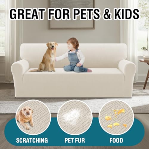 BellaHills High Stretch Sofabezug Moderne Sofaüberwurf, Wasserdicht Sofahusse für Wohnzimmer Protector für Hunde Haustiere, Elfenbein, Übergröße 3 Sitzer(205-240CM)
