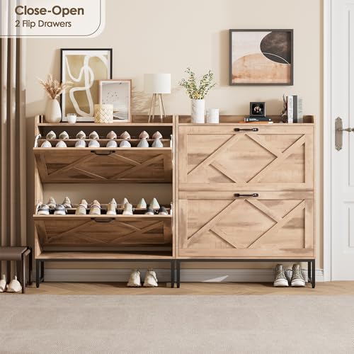 Image of Nicetree Shoe Cabinet with 2 Flip Drawers，Freestanding Shoe Storage Cabinet, Narrow Shoe Organizer Cabinet, Farmhouse Slim Shoe Rack Cabinet for Entryway, Oak with Hook