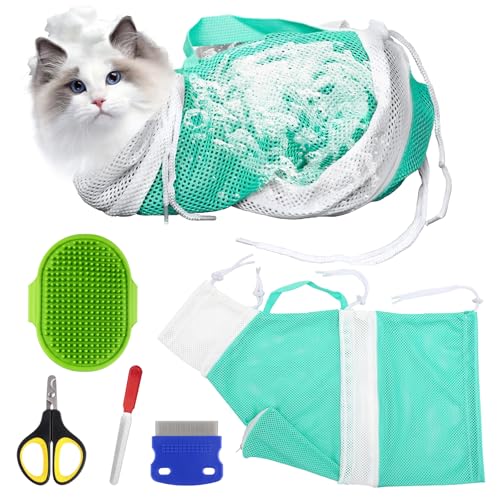 Cat Bathing Bag, Cat Shower Net Pet Bag, Cat Grooming Washer Mesh Bag, Adjustable Breathable Multifunctional Anti-Bite and Anti-Scratch Restraint Bag with Pets Nail Clippers for Cat's Bathin