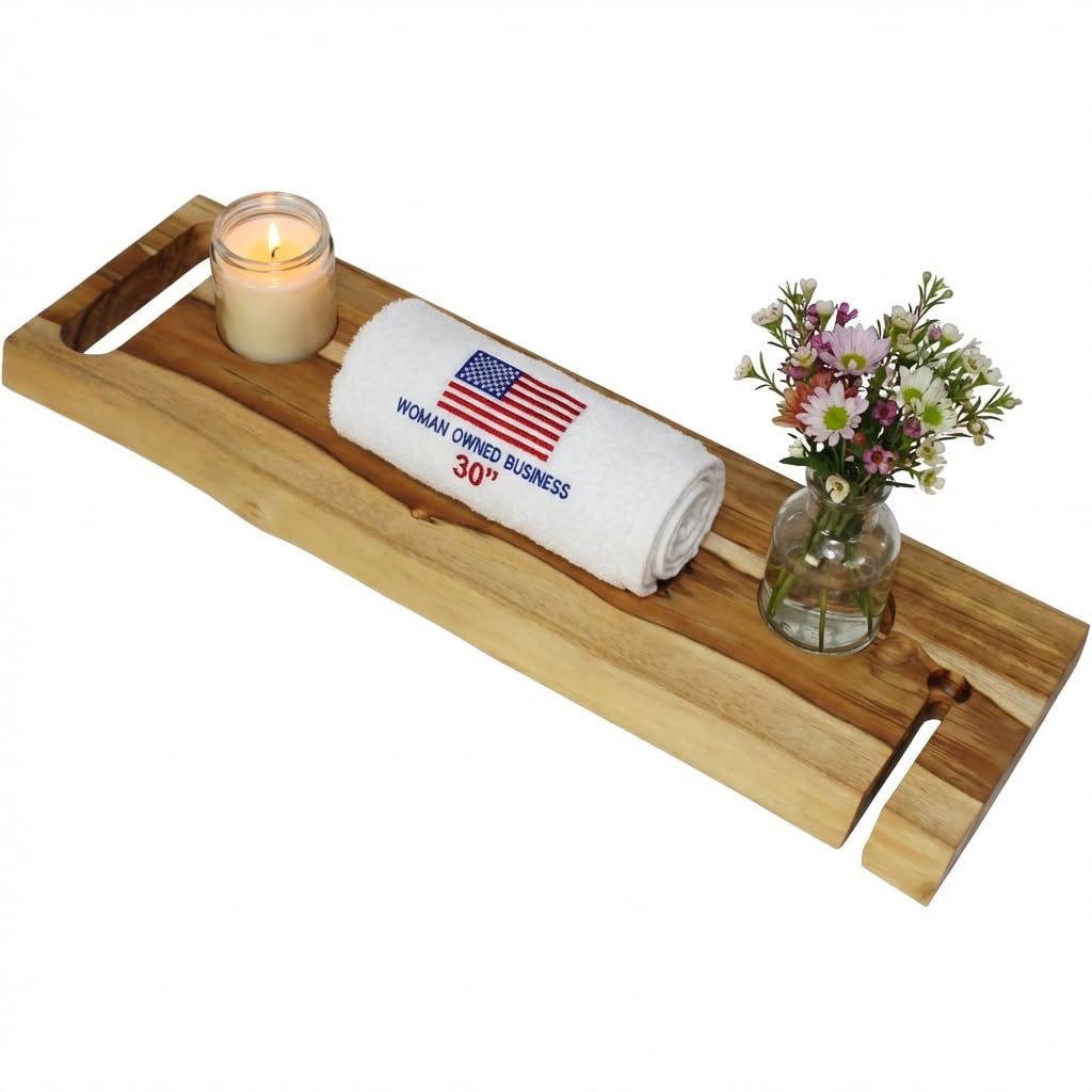 EcoDecors Eleganto 30" Live Edge Solid Teak Bath Caddy Tray with Handle, Book & Tablet Holder, Wine Glass Holders, Luxury Bathtub Tray