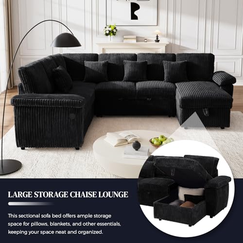 Image of Sectional Sleeper Sofa with Pull Out Bed and Storage Chaise, Fluffy Soft Corduroy Fabric, Modern Comfy U Shaped Couch with USB Charger for Living Room Apartment Small Spaces, Black