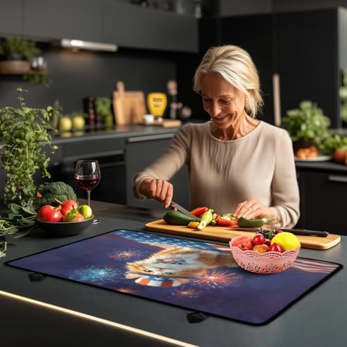 Image of Poceacles Stove Top Cover for Ceramic Glass Stove Cover America 250th Anniversary Decor Oven Cooktop Mat Protector for 4th of July, Cartoon Cat American Flag Fireworks Print