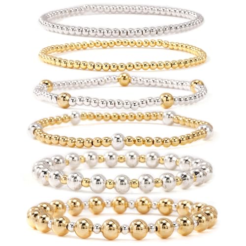 SHINUS BOHO 14K Gold Plated Silver Beaded Stack Bracelets Sets for WomenStackable Trendy Waterproof Ball Beads Stretch Link Chain Bracelet Fashion Accessories Jewelry Gifts