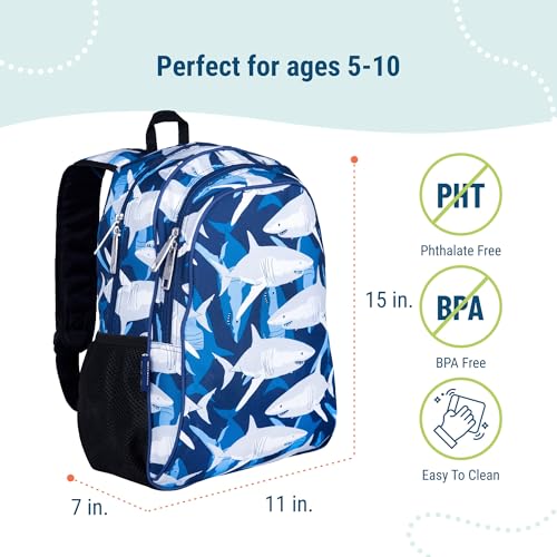 Image of Wildkin 15 Inch Backpack for Kids, Sharks | Ages 5-10, padded straps, side water bottle pocket - coordinates with matching Wildkin lunch boxes and water bottles