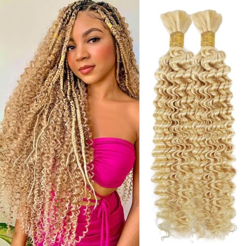 100% Unprocessed Human Hair for Braiding #613 Platinum Blonde Pre-Separated Curly Bulk Hair 12A Grade Deep Boho Braiding Hair Extensions Real Human Hair Ready for Dyeing 18 Inch 100g 2 Bundles