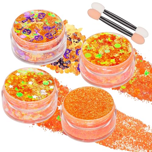Paminify 4 Jars Orange Face Glitter Sparkle Cheer Orange Body Hair Glitter for Netherlands.Rave Music Festival Outfits Singer Concert Costume Carnival Mardi Gras Makeup Accessories 40g/1.41 oz