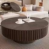 Wxnnx 31.4" Round Coffee Table with Storage Modern Wooden Fluted Coffee Table with Solid Wood Veneered,Circle Center Table Accent Tea Table for Living Room (Dark Brown)