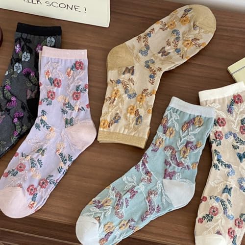 Women's Floral Socks - Vintage Embroidery Mid-Crew Cotton Socks for Spring/Summer Casual Outfits3