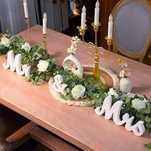 2pcs Large White Mr & Mrs Sign for Wedding Table with 5.91ft Artificial Flowers Garland, Wedding Centerpieces Wooden Bride and Groom Table Decorations for Engagement Decor(White Rose)