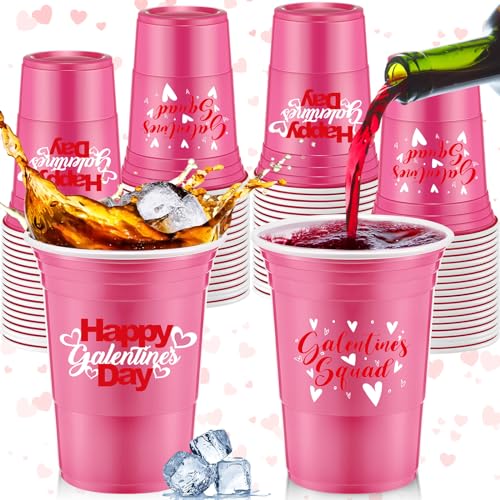 Hushee 48 Pcs Galentine's Day Party Supplies 16 oz Cups Thick Plastic for Drinks Dinner Wedding Hearts Themed Decorations