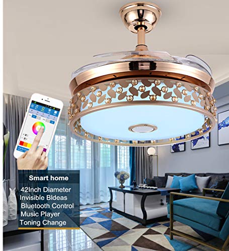 Fandian 42'' Modern Smart Ceiling Fans With Light Bluetooth Music Player Chandelier Invisible Blades With Remote Control Retractable Fandelier, Dimmable 7 Colors Led Kits Inlcuded (42" Nest Gold) #TOP2