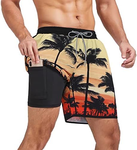 Mens Swim Trunks with Compression Liner Beach Swim Shorts for Men 80s 90s Fashion Vintage Coconut Tree L