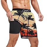Mens Swim Trunks with Compression Liner Beach Swim Shorts for Men 80s 90s Fashion Vintage Coconut Tr