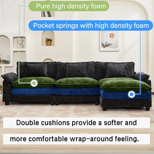 Image of Oprisen 120 inch Modular Sectional Sofa, Comfy Cloud Couch Sectional Sofa with Ottoman, Chenille Sofa Sleeper Deep Seat Sofa with Throw Pillows for Living Room (Black, 120 inch- L Shape)