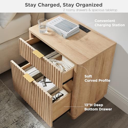 image for T4TREAM 23'' Fluted Nightstand with Charging Station, Large 2 Drawer B