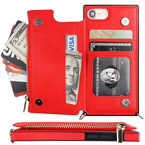 Bocasal Crossbody Wallet Case For Iphone Se 2022/Se 2020/7/8 With Card Holder,Zipper Card Slot Protector Shockproof Purse Cover With Removable Cross Body Strap 4.7 Inch(Red) #TOP2