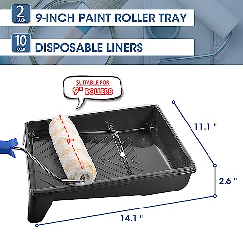 Touri 9-Inch Hard Shell Paint Roller Tray(Set Of 2) With 10 Pack Disposable Paint Tray Liner Compatible With Most 9” Paint Rollers, Black #TOP1