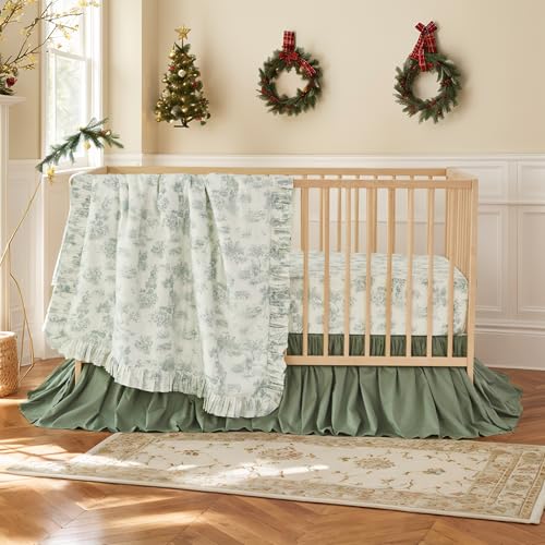 Image of Brandream 3 Pieces French Country Toile Crib Bedding Set for Girls Vintage Green Toile Floral Print 100% Cotton Baby Girl Nursery Bedding Collection - Ruffles Quilt,Toile Crib Sheet,Crib Bed Skirt