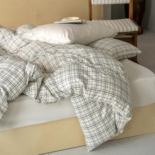 Image of VM VOUGEMARKET Gray Gingham Duvet Cover Queen,Soft Jersey Knit Cotton Duvet Cover Matching 2 Pillow Shams,3 Pieces Grey White Bedding Set Without Comforter-90 x90