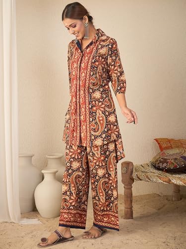 Image of WineRed Women Green Paisley Print Hi-Low Co-ord Set