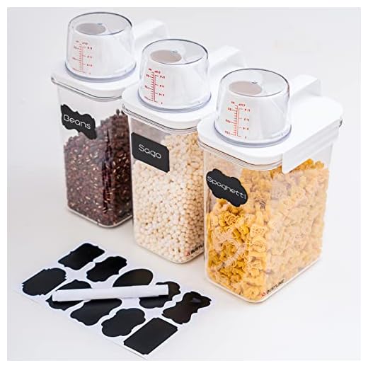 BUSYLINE Botes de Cocina Recipiente para Alimentos Juego de 3 Piezas de Envases de Tarros de Plástico Herméticos Tapa con Taza Medidora se Utiliza para Almacenar Arroz Cereales Legumbres Harina Etc