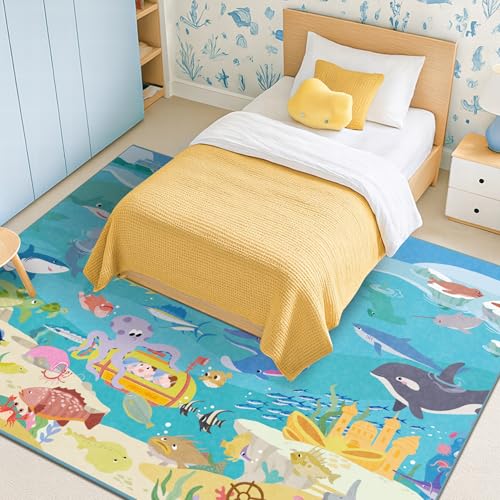 Image of 5x7 Ocean Rug for Kids Room - Large Area Rug with Beach Wave Whale & Mermaid, Washable Non Slip Learning Carpet for Toddlers, Bedroom or Playroom Decor