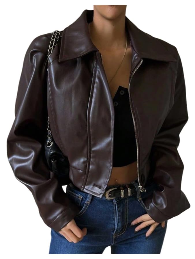 MakeMeChic Women's Faux Leather Jacket Zip Up Long Sleeve Crop Motorcycle Coat