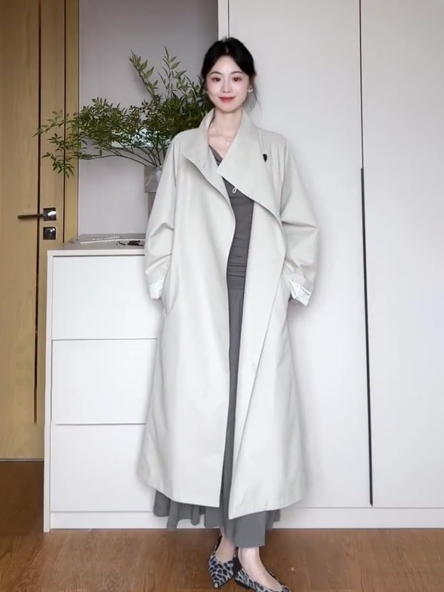 HSQIBAOER Women's Overcoats Long Trench Coat Stand Collar Fall Loose Japanese Style Jacket for Women