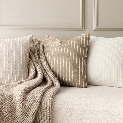Image of Foindtower Pack of 2 Decorative Jacquard Boucle Throw Pillow Covers Accent Textured Striped Pillowcases Soft Boho Modern Cushion for Couch Sofa Bedroom Living Room Home Decor 20x20 Inch Natural Beige