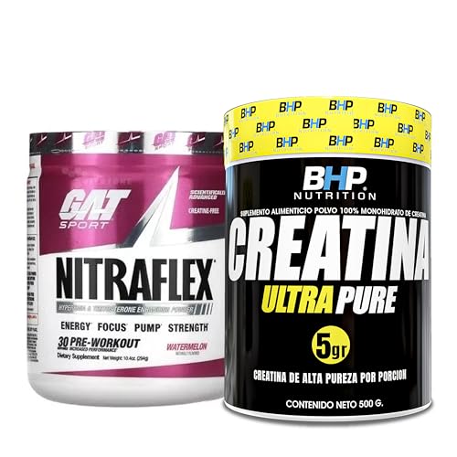 GAT NITRAFLEX SANDIA + BHP CREATINA PURE 500GRS SIN SABOR 100 SERV ALTA CALIDAD, 100% PURA