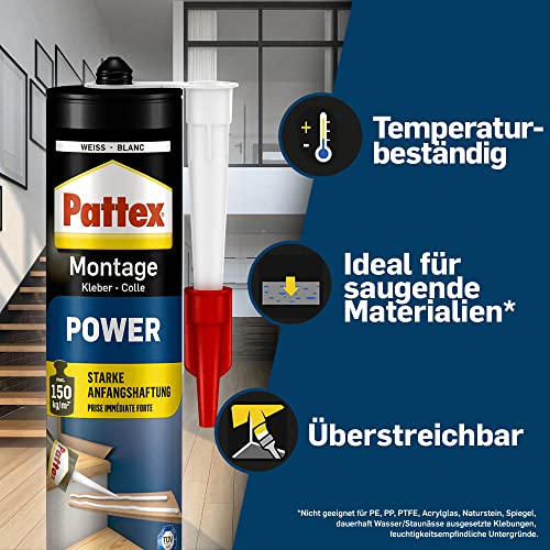 Pattex Montagekleber Power, Baukleber mit starker Anfangshaftung, Kraftkleber für saugende Materialien, Kleber für innen & außen, 1 x 370g – Bild 4