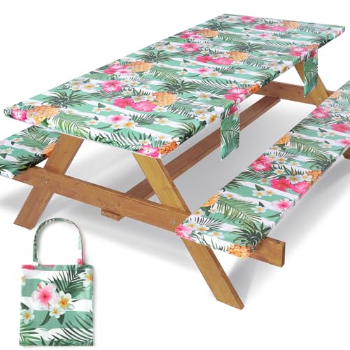 3 Piece Picnic Table Cover with Bench Covers Elastic Fitted Heavy Duty Camping Table Cloths for 8Ft Tables Camper Travel Trailer Must Haves Motorhome Garden Organization Moms Dads Kids Gift