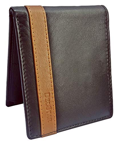 DELSTAR Leather Wallet for Men - RFID blocking & Chain Coin Pocket (Brown)