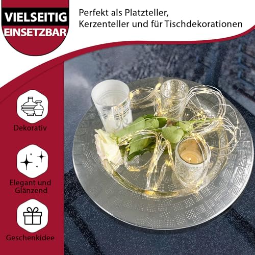 DRULINE Silberner Edelstahl Platzteller für Festtage:Metallteller als Deko – Ideal als Kerzenteller, Servierplatte oder Dekotablett zu Weihnachten. Adventskranz Teller Ø 35 cm mit Quadrat-Muster