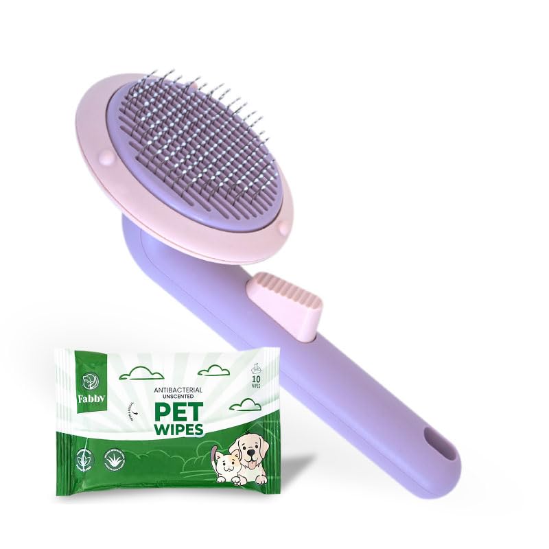 Fabby Furever Self Cleaning Pet Grooming Brush, Slicker Brush for Dogs and Cats, Brush for Long or Medium Haired Dogs & Cats, Pet Brush + Free Fabby Furever Pet wipes (10 Wipes)