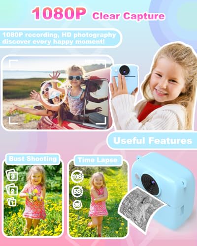 NUOTUN Sofortbildkamera Kinder, Kinder Kamera mit Fotos drucken, 2,0 Zoll HD Bildschirm, 8X Zoom, 1080P Digitalkamera mit Druckpapier & Karte, Kinderkamera Geschenk mädchen & Junge 3-12 Jahre (Blau)