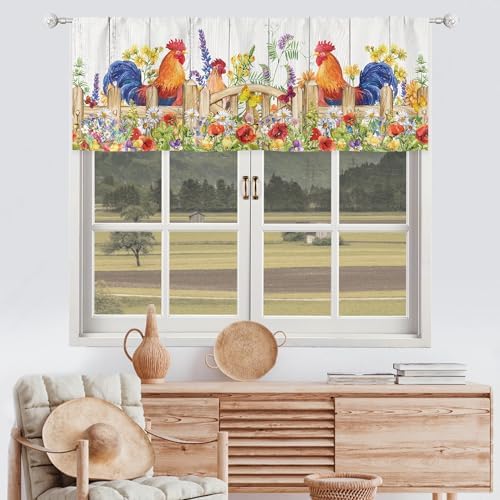 Riyidecor Rooster Rustic Chicken Valance Curtains Short Small Farmhouse Floral Butterfly Flowers Rod Pocket Wooden Plank Country Retro Leaves Bedroom Living Room Treatment Fabric 1 Panel 52Wx18H Inch