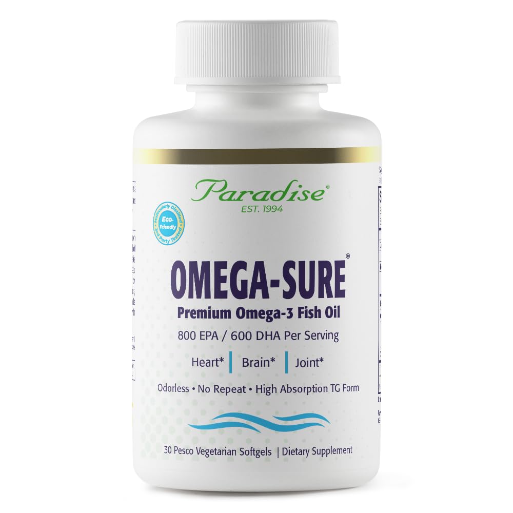 Paradise Herbs Omega-Sure, Omega-3 Concentrate, Premium Fish Oil, DHA, EPA, Vegan, Non GMO, Gluten Free, 30 Count Vegetarian Softgels