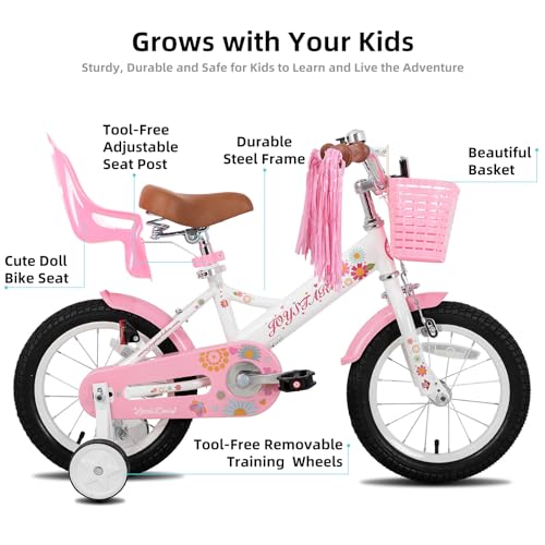 Image of JOYSTAR Little Daisy Kids Bike for Girls Boys Ages 2-7 Years, 12 14 16 Inch Girls Bikes with Doll Bike Seat & Streamers, Boys Bike with Flag & Number Plate, Multiple Colors