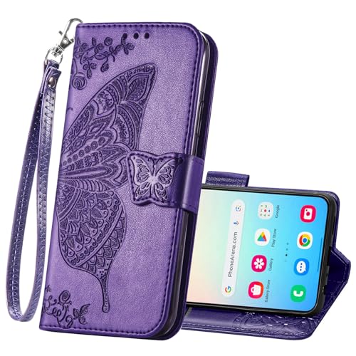HAOTP Wallet Case for Samsung Galaxy S24,Women Flip Folio PU Leather Protective Case Wrist Strap Card Slots Holder Purse Emboss Butterfly Flower Stand Flip Case for Samsung Galaxy S24 Purple
