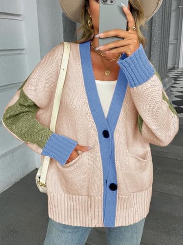 Saodimallsu Womens V Neck Cardigan Sweaters Color Block Button Oversized Long Sleeve Open Front Knit Sweater Coats4