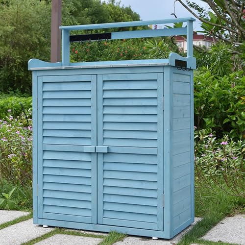 Generisch Grüner Gartenschrank aus Holz mit verzinktem Dach und abschließbarer Tür, 2-stöckiger Werkzeugorganizer für Garten, Terrasse und Poolzubehör