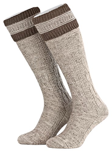 Piarini 43 44 1 Paar Herren Trachtenstrümpfe - Trachtensocken mit Zopfmuster - Trachtenstutzen mit Umschlag aus Wolle lang Nussmeliert Braun