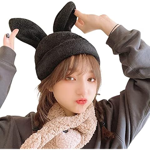 Remorui Winter Beanie Hats for Women Girls Caps Cute No Brim Mohair Lady Rabbit Ears Beanie Cap Black Cover