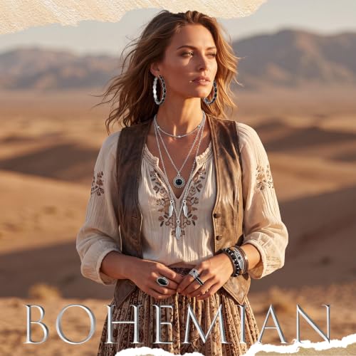 Image of Ecally Bohemian Western Jewelry Turquoise Set Women Country Pendant Long Choker Layered Bracelets Earrings Ring for Women